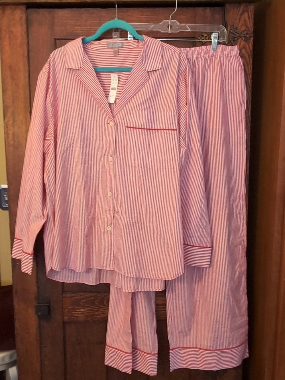NWT J CREW Pajama Set XL Womens Red White Striped 100% Cotton Poplin Top Bottom